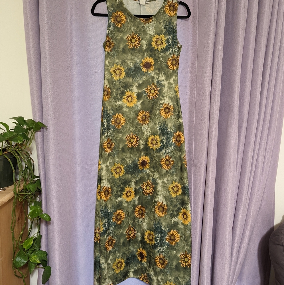 Vintage Green Tie Dye Sunflower Maxi Dress Grunge Festival Hippie.